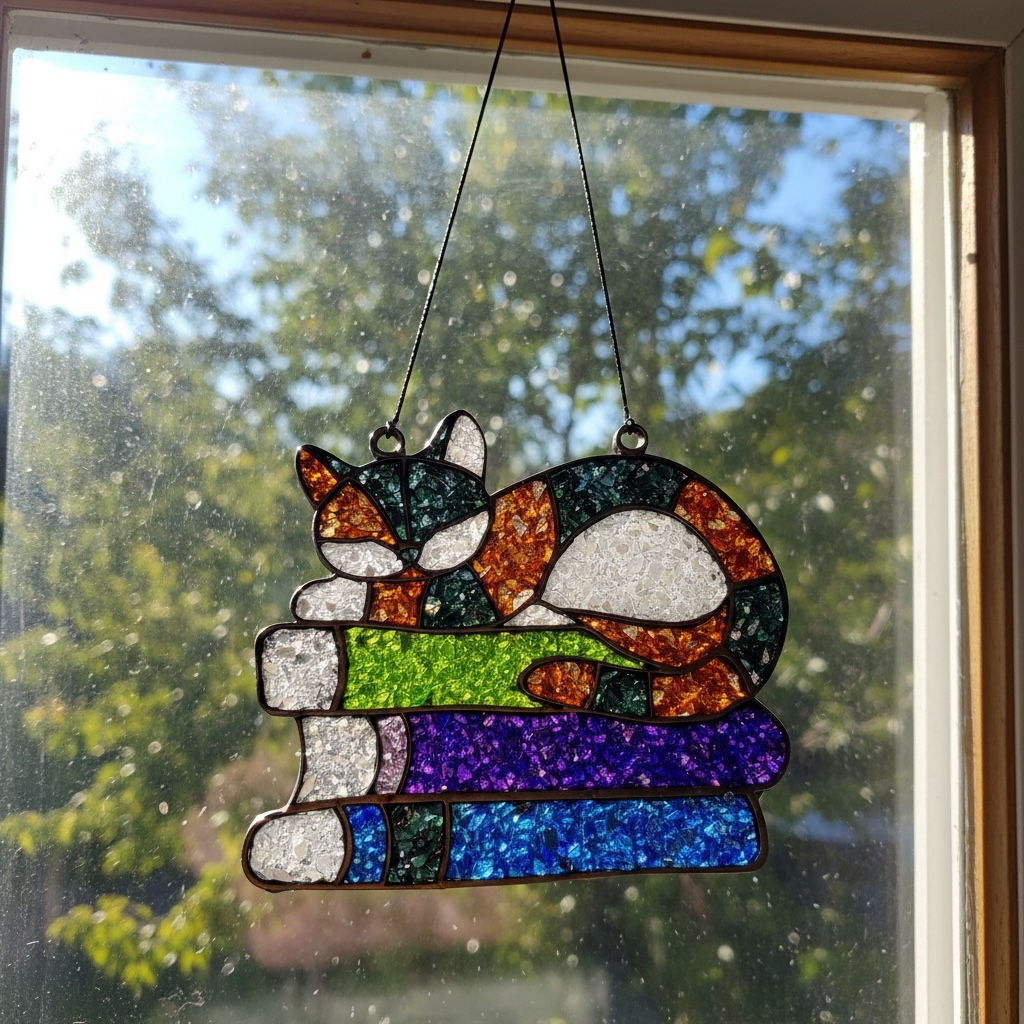 Cat on Books Crushed Glass Suncatcher