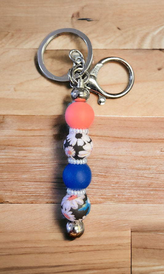 Peach and Blue Floral Keychain